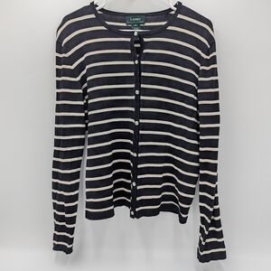 Lauren Ralph Lauren Women's Silk Striped Cardigan Sweater Navy White XL Luxury